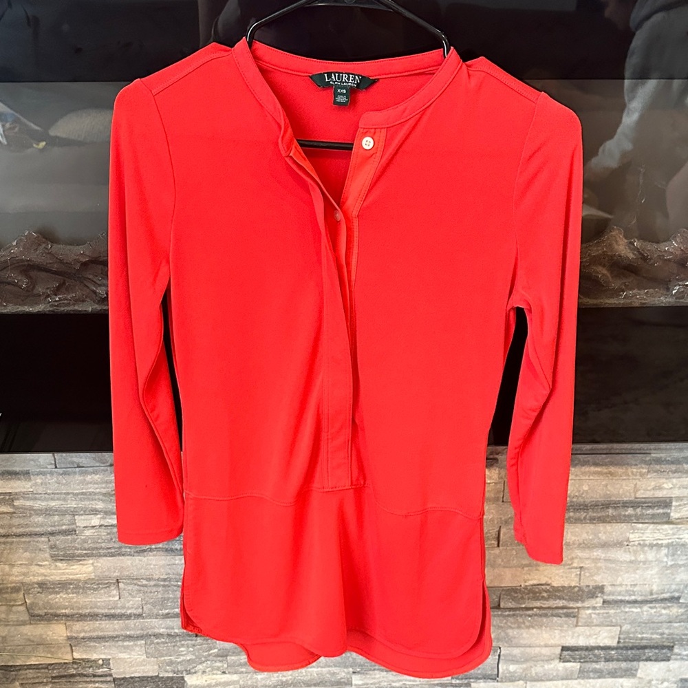Lauren Ralph Lauren Bright Coral  3/4 Sleeve Split-Neck Tunic